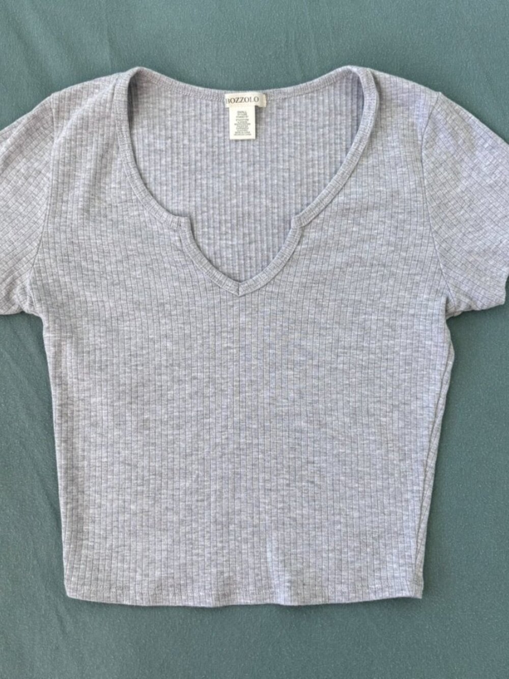 BOZZOLO Heather Grey Ribbed Notch Neck Short Sleeve Cropped Tee Top S